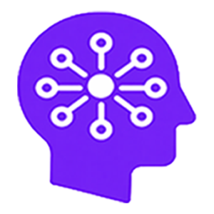 Purple head silhouette with a white network of connected nodes inside, representing neural connections or mind network concept