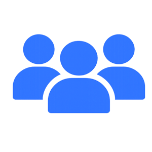 Blue icon of three people standing together, representing a group or team.
