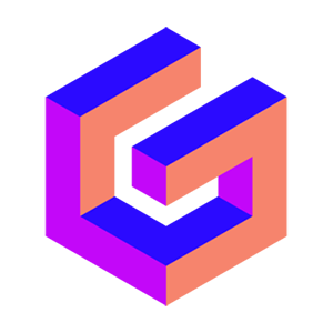 Abstract 3D geometric logo with interlocking orange-pink shapes on a blue-purple gradient background.