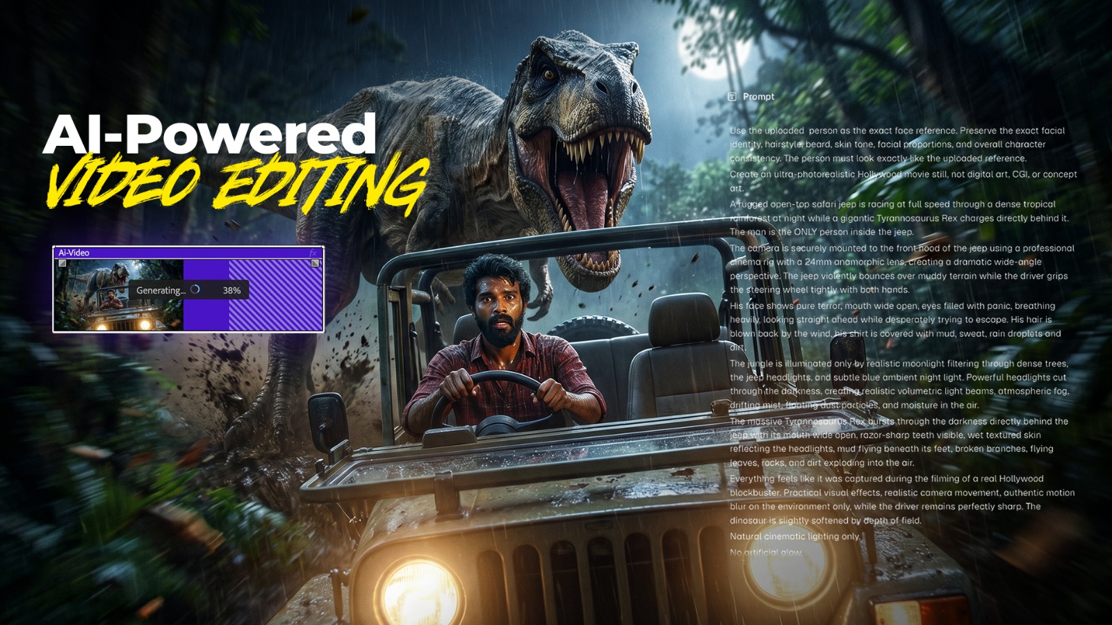 Hero image: a man drives a jeep through a rain-soaked jungle as a T-rex looms behind; bold 'AI-Powered Video Editing' title on the left.