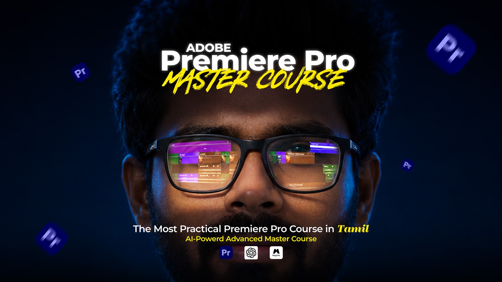 Promotional hero for Adobe Premiere Pro Master Course; man with glasses reflecting a video timeline, overlaid course title in white and yellow text.