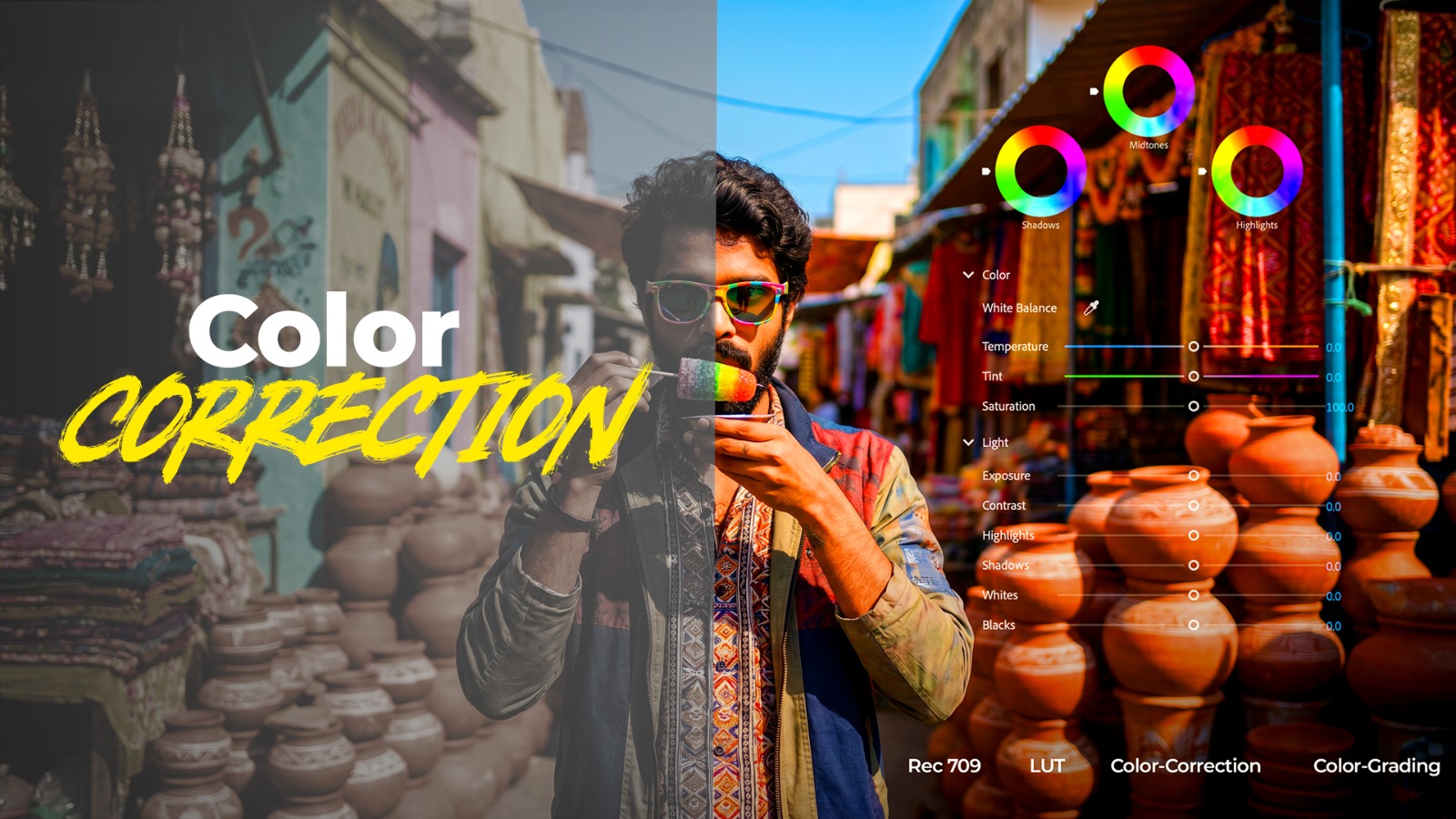 Split-image illustrating color correction in photo editing: market scene with a man taking a photo, left side dark, right side bright with color controls overlay.