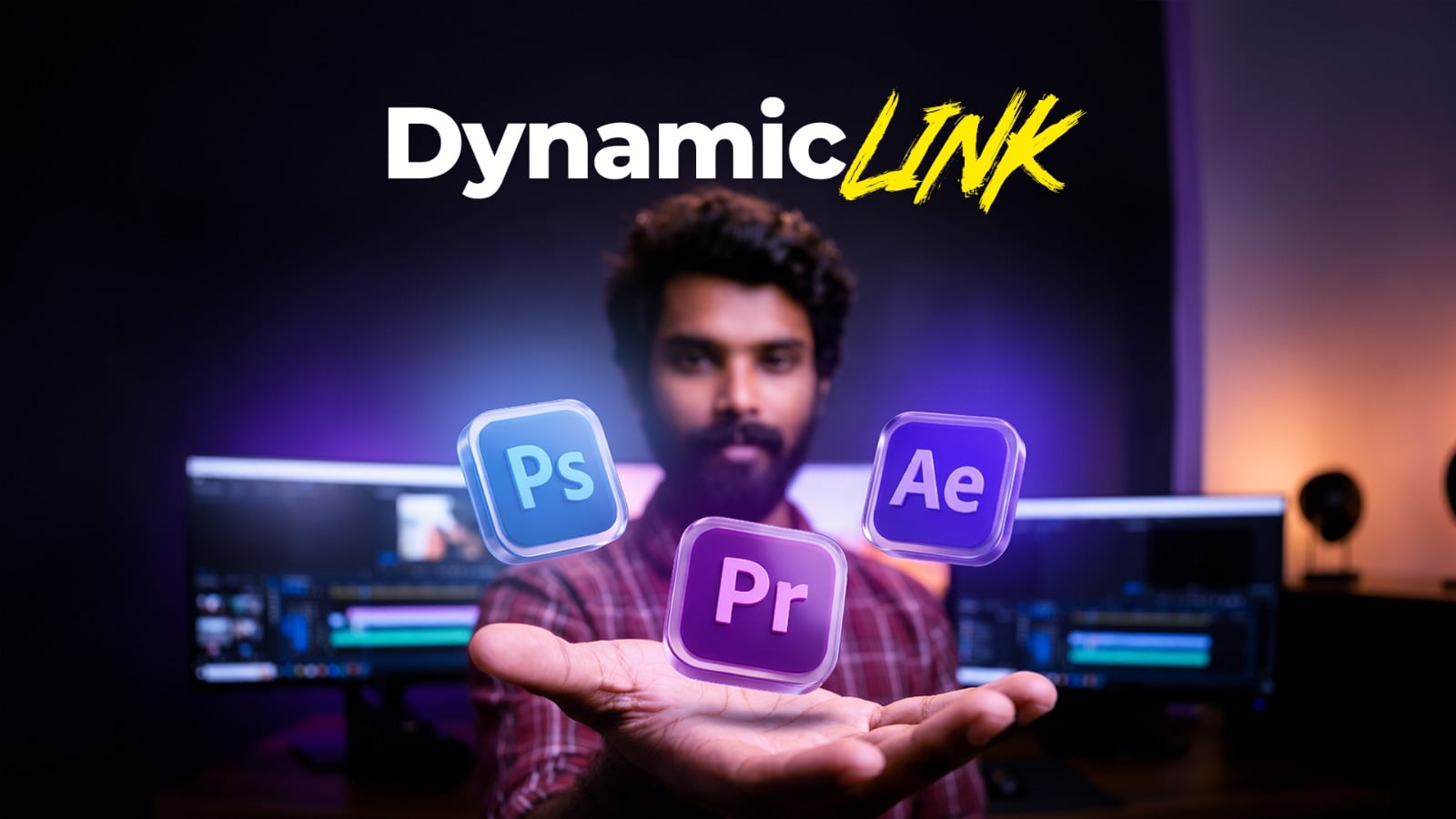 Man extending hand with floating Photoshop, Premiere Pro, and After Effects icons and Dynamic Link logo above him (studio setup)