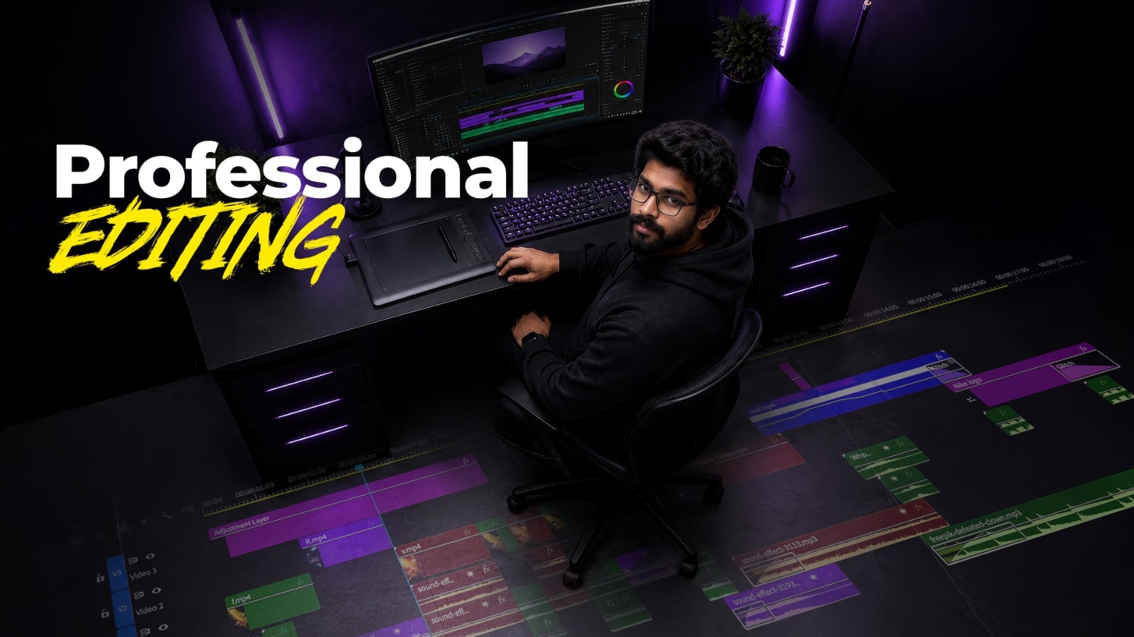 Man wearing glasses sits at a dark editing station with a large monitor; bold white text reading 'Professional' and yellow 'EDITING' overlays the scene, neon purple lighting in the background.