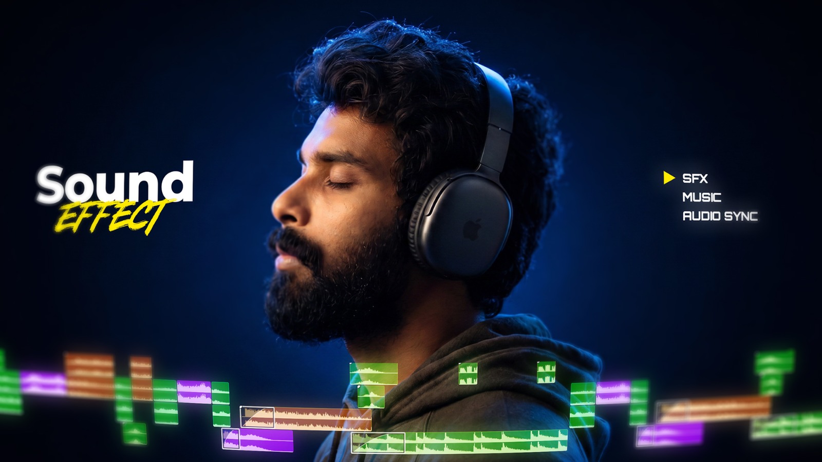 Bearded man wearing over‑ear headphones with neon audio waveform bars at the bottom and branding 'Sound Effect' and 'SFX Music Audio Sync'.