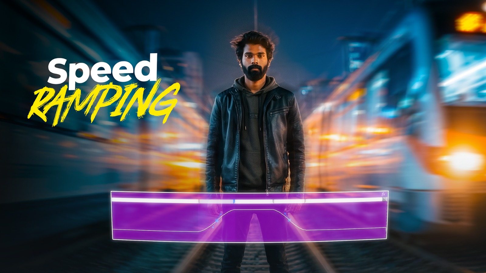 Man in a black leather jacket stands on a neon-lit street with a glowing purple speed ramp projected in front of him.