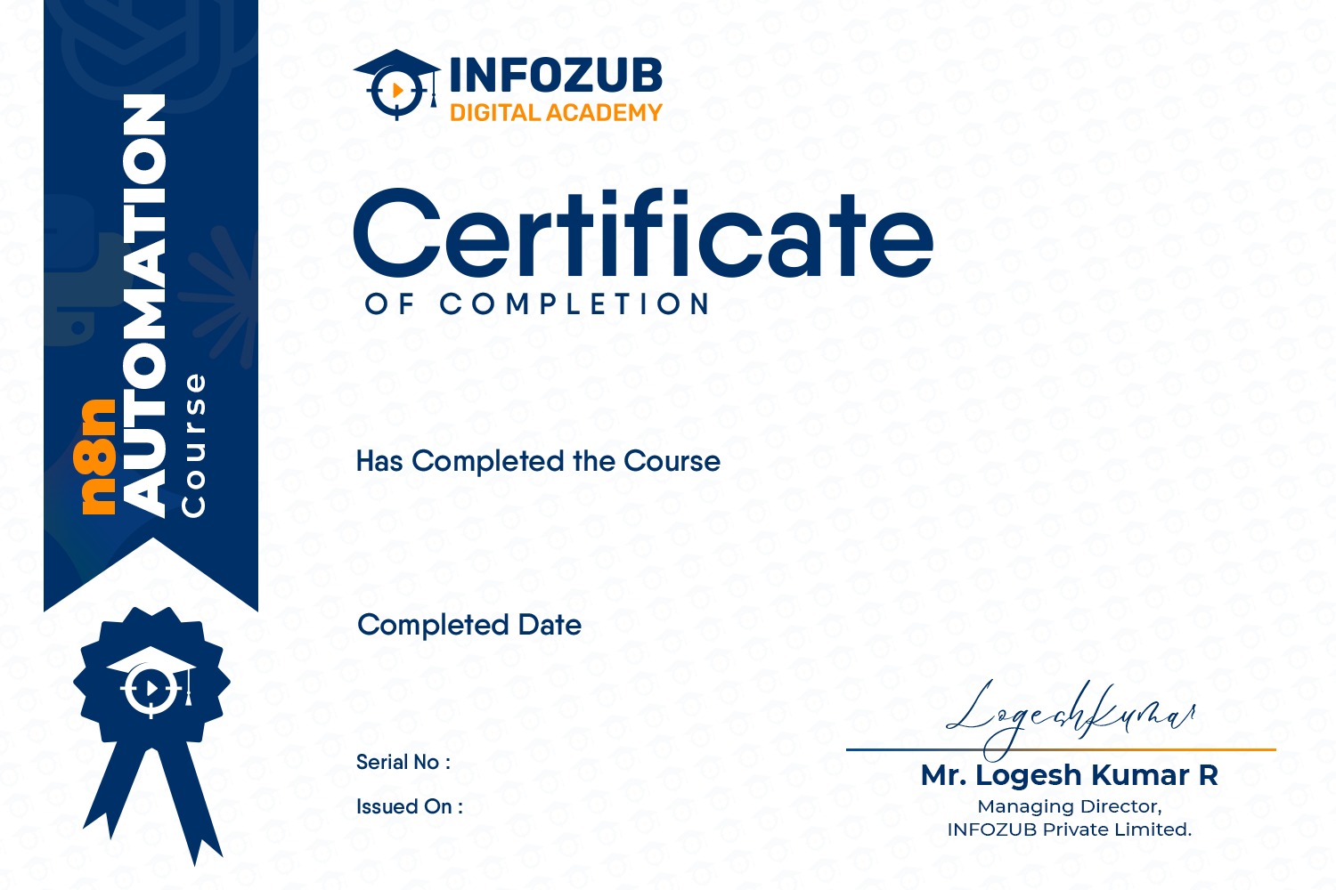 Certificate of completion from INFOZUB DIGITAL ACADEMY with a blue left banner, logo, and signature area.