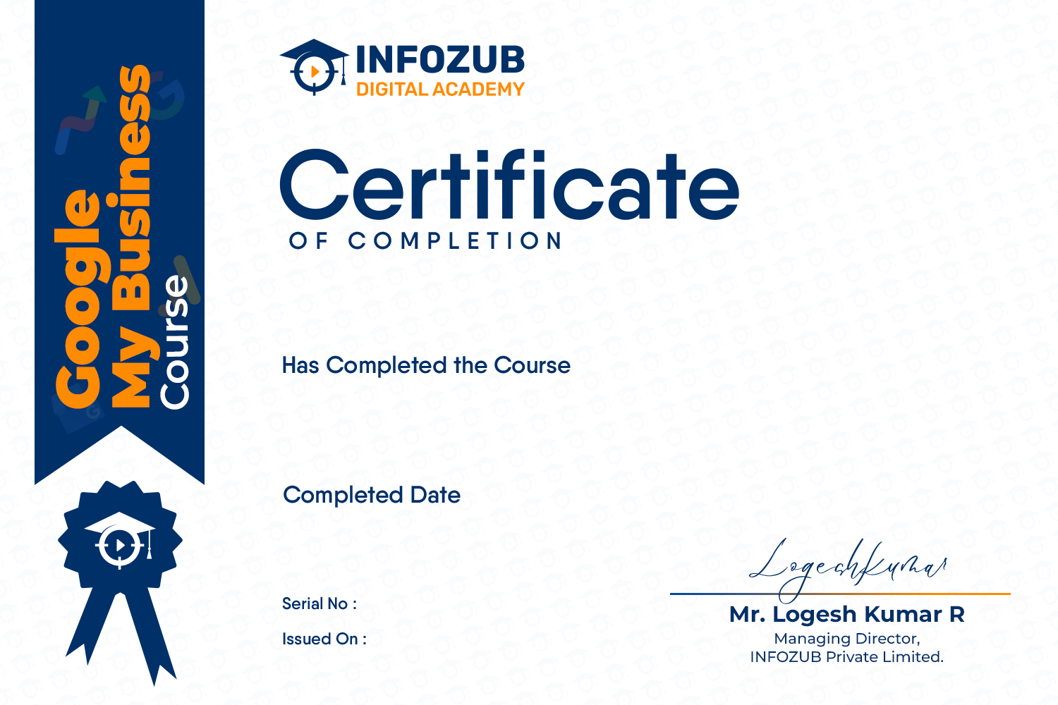 GMB_certificate_ida - Infozub Digital Academy Certificate of Completion from Infozub Digital Academy with a blue left ribbon and seal, indicating recipient and date area.
