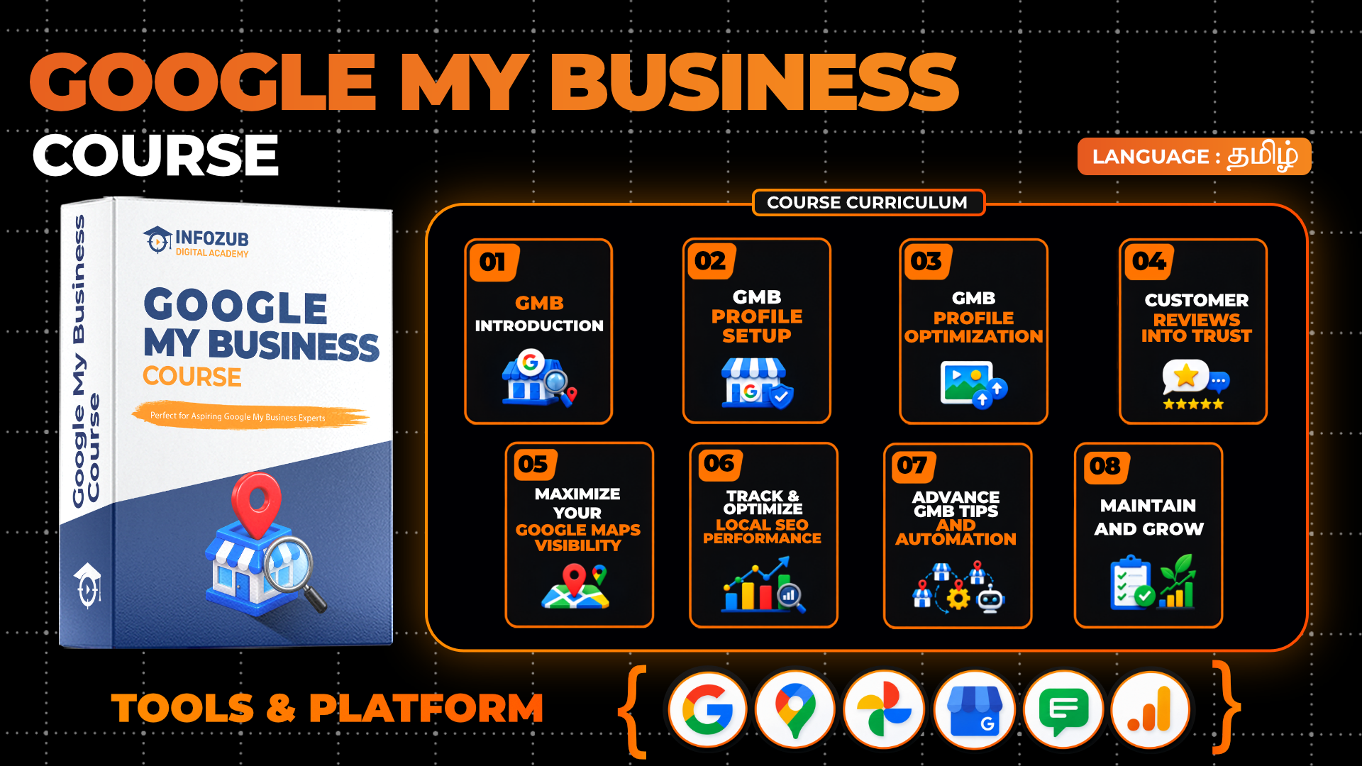 Promo graphic for Google My Business Course with a white book box and an orange-bordered eight-module curriculum.
