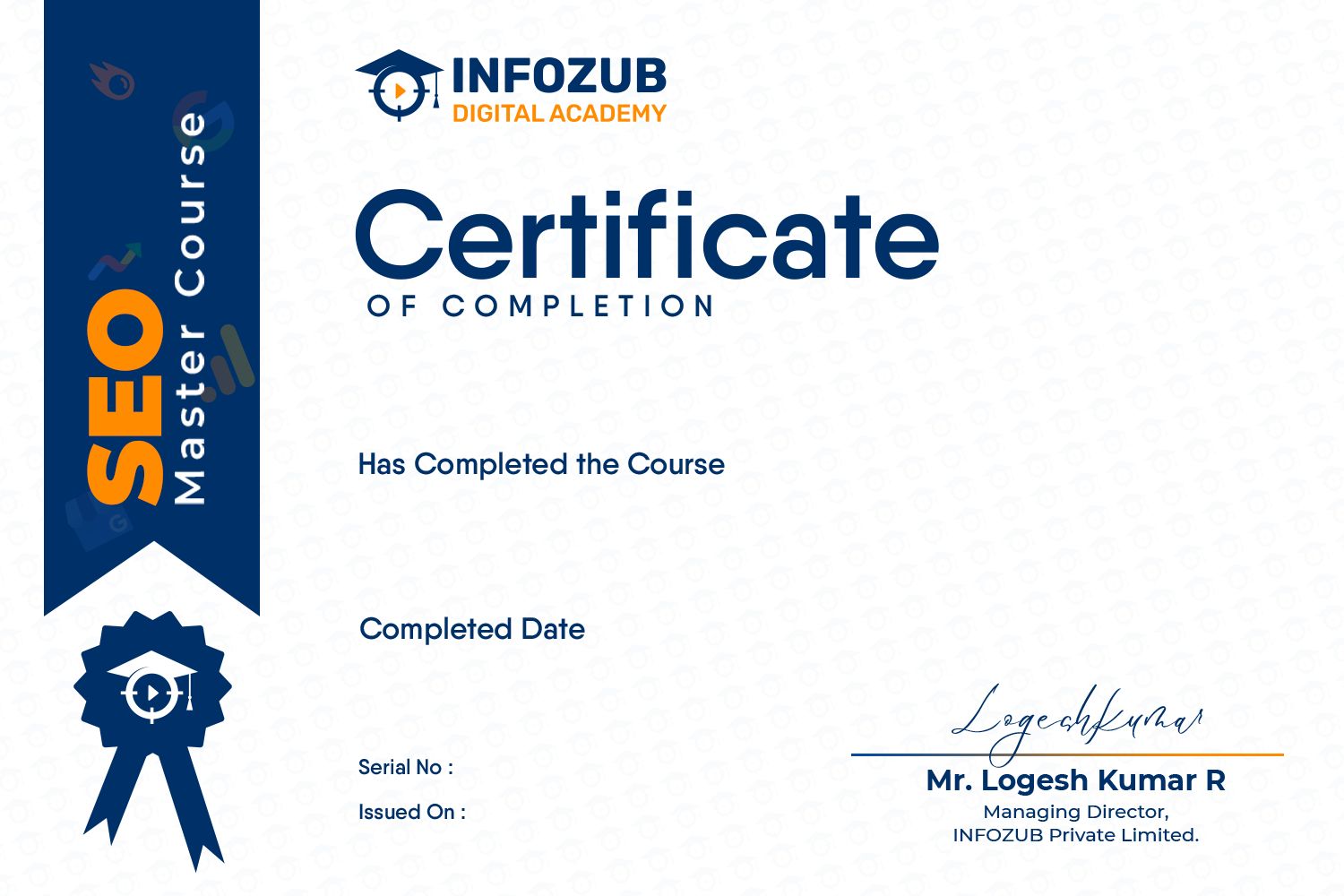 SEO_certification_IDA - Infozub Digital Academy Certificate of completion from INFOZUB Digital Academy with a blue left ribbon, seal, and signature area on the right side.